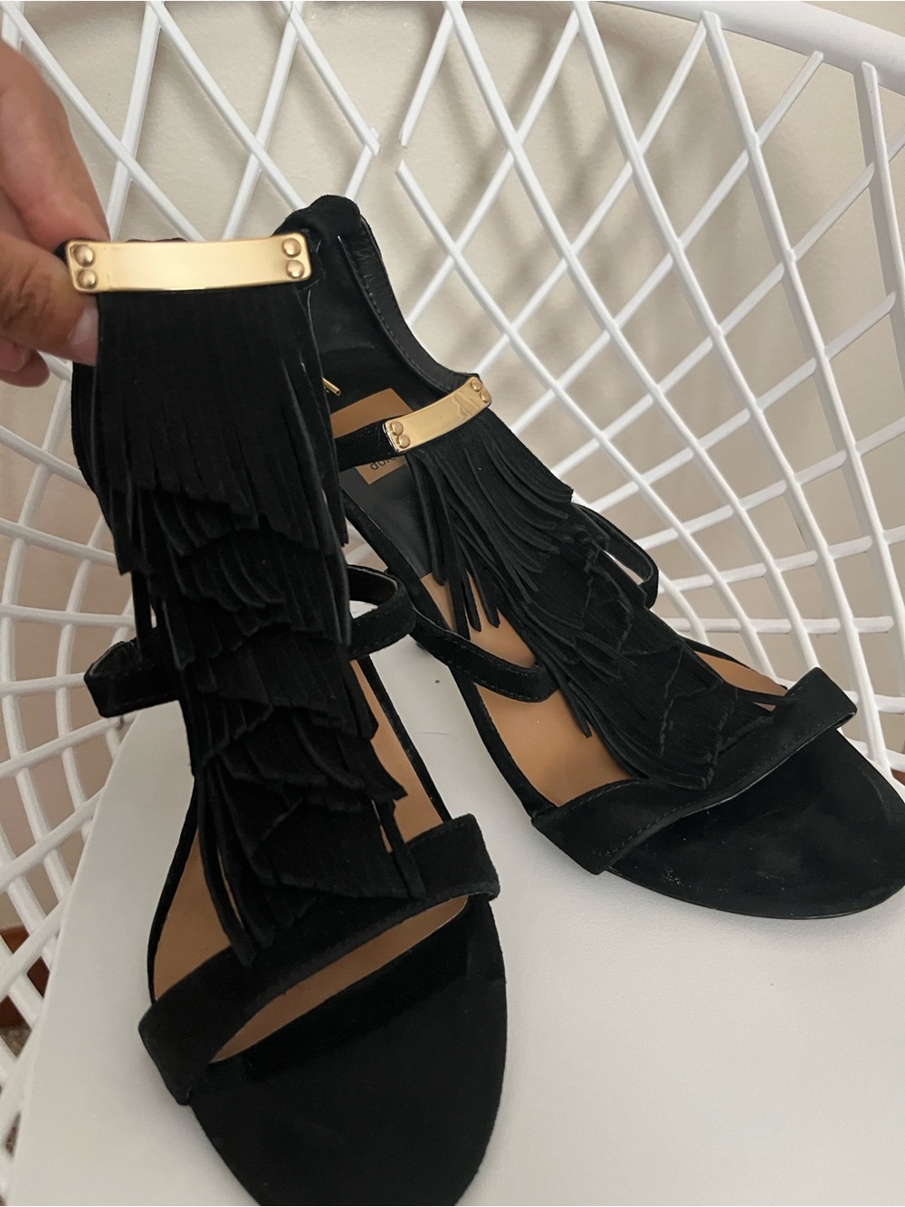 Dolce Vita Black Suede Fringe Heeled Sandals with Gold Bar